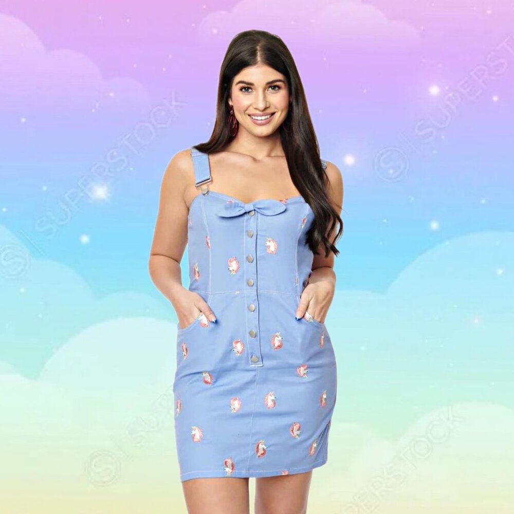 Unique Vintage Periwinkle Denim Mini Dress Embroidered Unicorn Overalls Size 3X - Picture 5 of 11